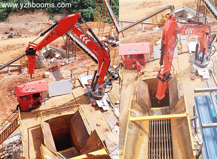 Pedestal Rock Breaker Boom Systems Assist Two Jaw Crushers To Break Oversized Boulders At Once-4