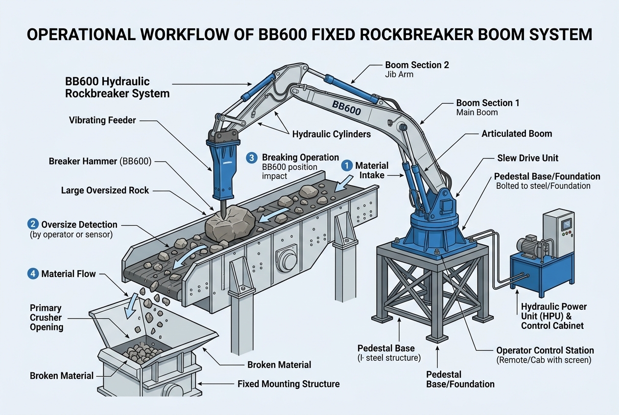 BB600 Fixed Rockbreaker Boom for Basalt Quarry in Northern Portugal